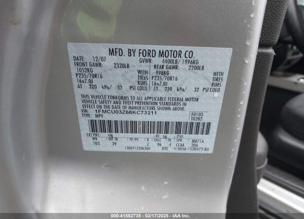 2008 FORD ESCAPE VIN: 1FMCU03Z68KC73211