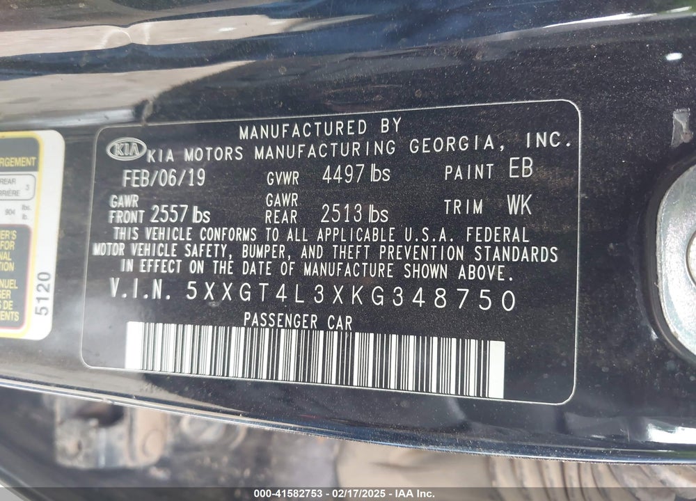2019 KIA OPTIMA VIN: 5XXGT4L3XKG348750