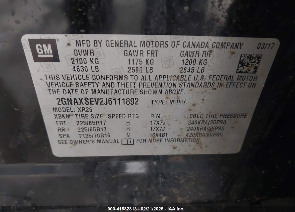 2018 CHEVROLET EQUINOX LT VIN: 2GNAXSEV2J6111892