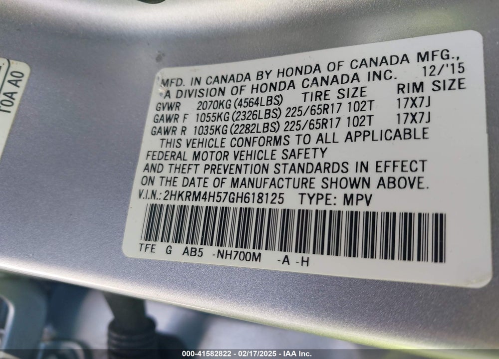 2016 HONDA CR-V VIN: 2HKRM4H57GH618125