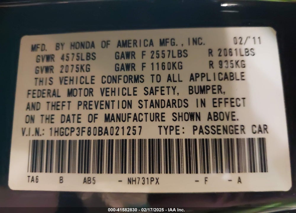 2011 HONDA ACCORD VIN: 1HGCP3F80BA021257