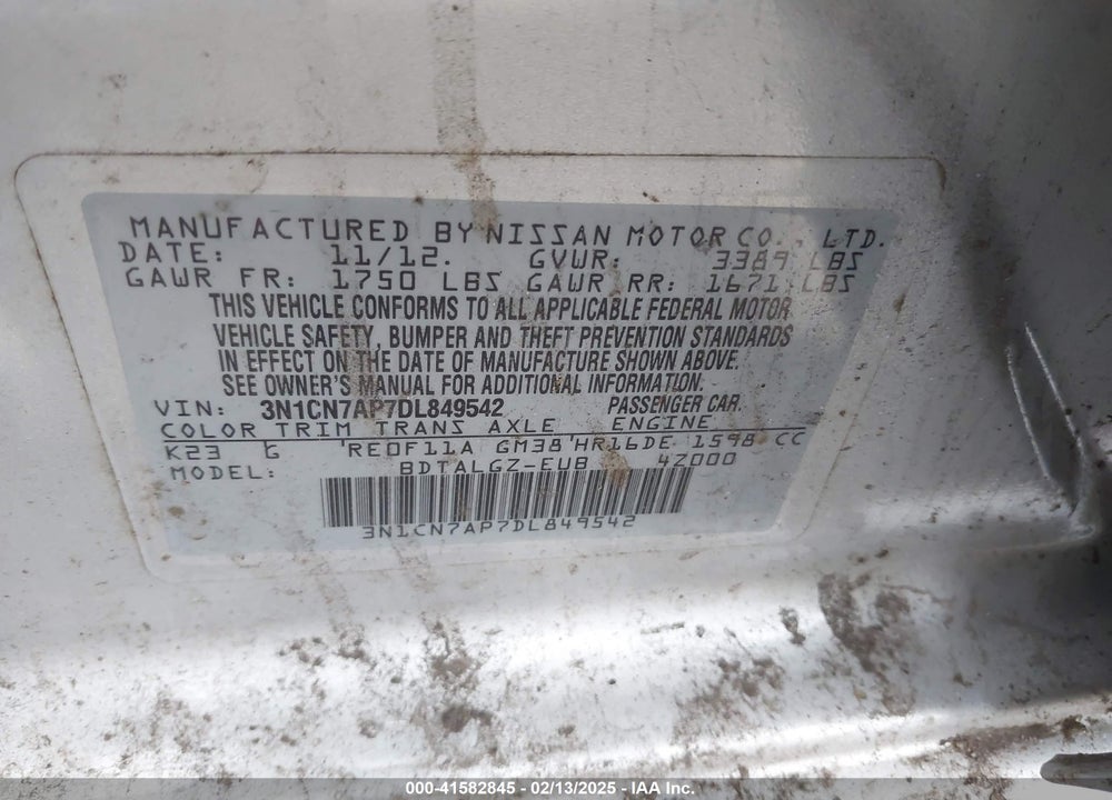 2013 NISSAN VERSA VIN: 3N1CN7AP7DL849542