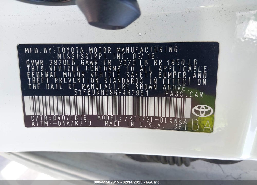 2016 TOYOTA COROLLA VIN: 5YFBURHE8GP483951