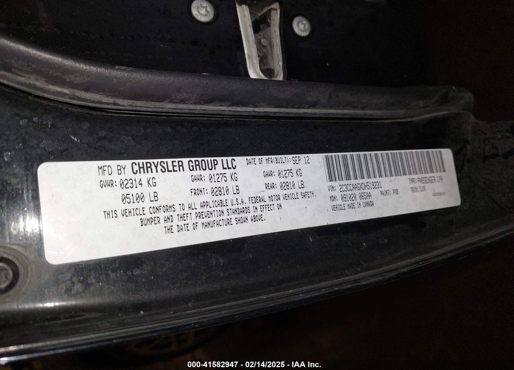2013 CHRYSLER 300 VIN: 2C3CCAAGXDH519231
