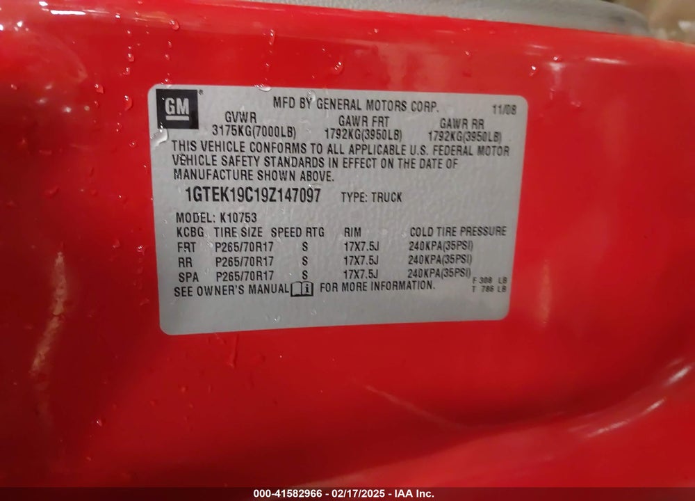 2009 GMC SIERRA VIN: 1GTEK19C19Z147097