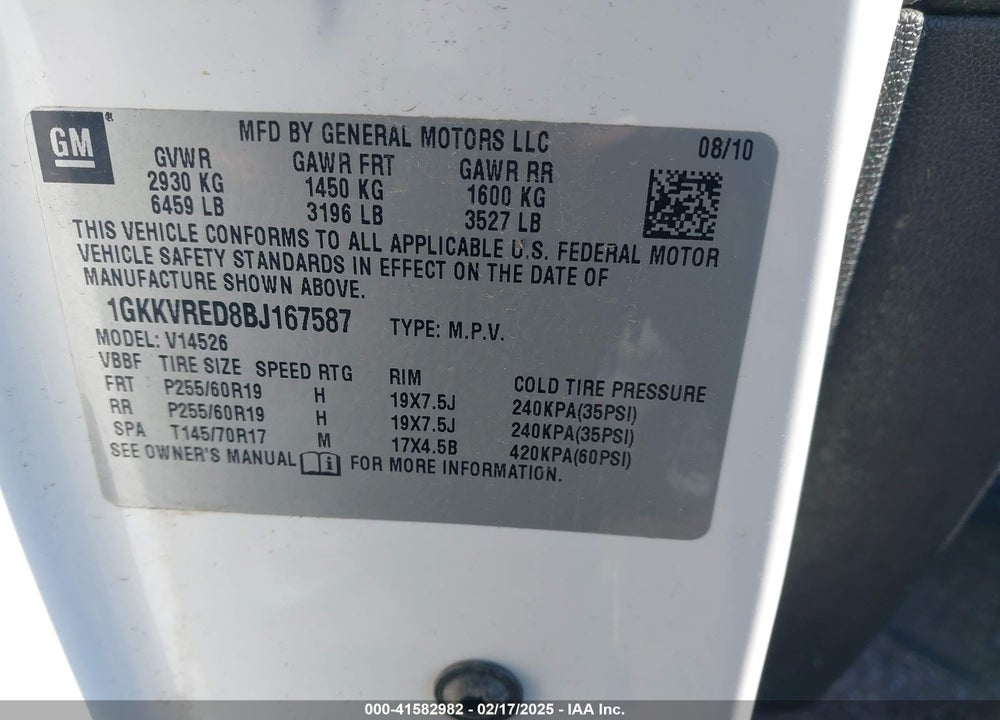 2011 GMC ACADIA SLT-1 VIN: 1GKKVRED8BJ167587