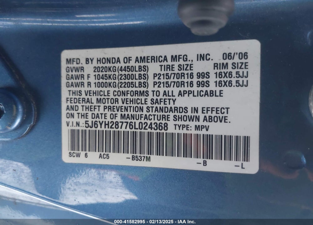 2006 HONDA ELEMENT EX-P VIN: 5J6YH28776L024368