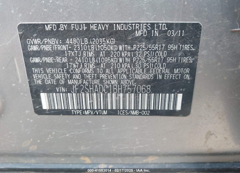 2011 SUBARU FORESTER 2.5X PREMIUM VIN: JF2SHADC1BH757068