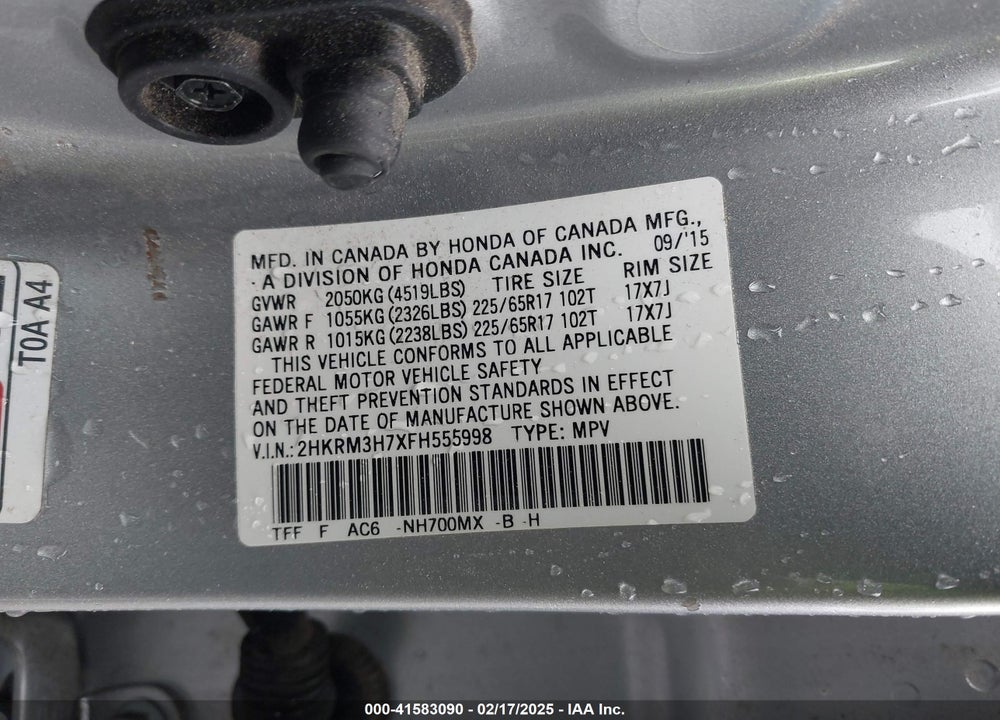 2015 HONDA CR-V EX-L VIN: 2HKRM3H7XFH555998