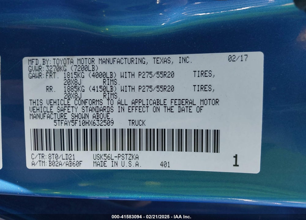 2017 TOYOTA TUNDRA VIN: 5TFAY5F10HX632509
