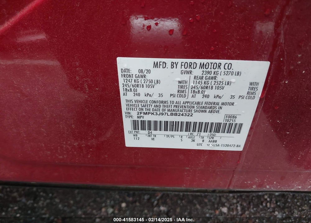 2020 FORD EDGE SEL VIN: 2FMPK3J97LBB24322