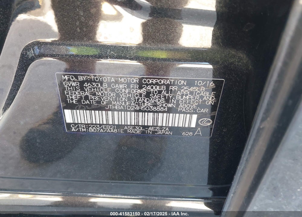 2017 LEXUS IS 200T VIN: JTHBA1D24H5038884
