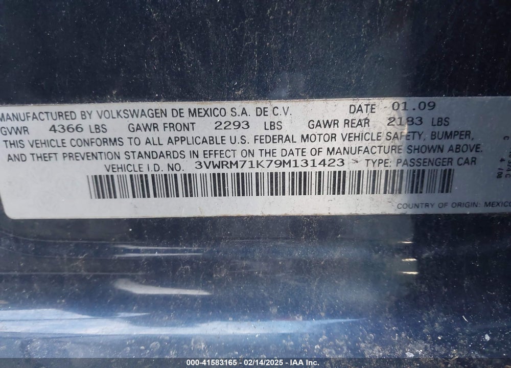 2009 VOLKSWAGEN JETTA VIN: 3VWRM71K79M131423
