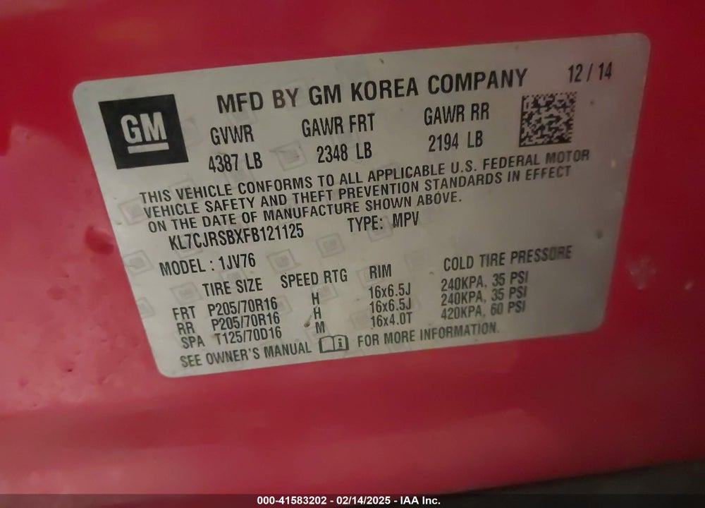 2015 CHEVROLET TRAX LT VIN: KL7CJRSBXFB121125