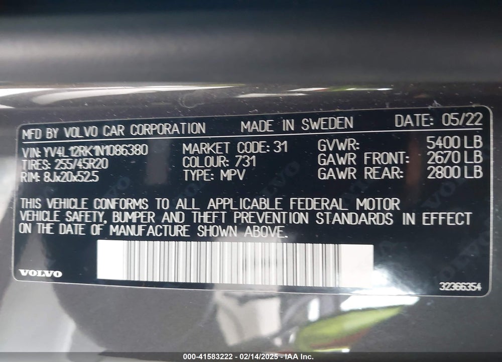 2022 VOLVO XC60 B5 MOMENTUM VIN: YV4L12RK1N1086380