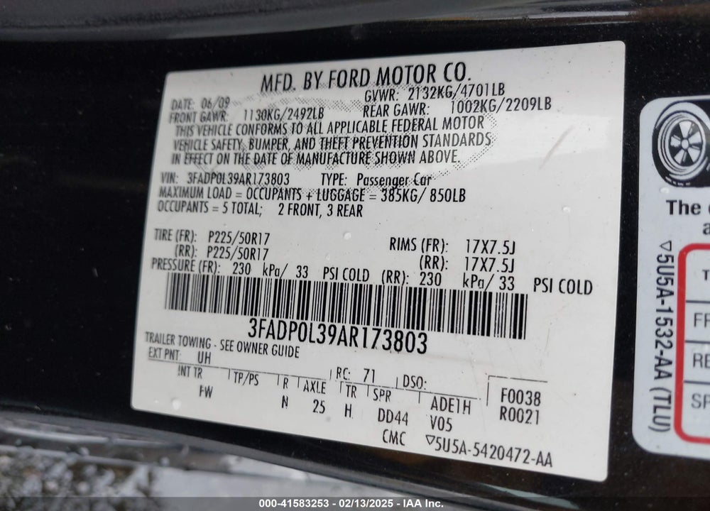 2010 FORD FUSION HYBRID VIN: 3FADP0L39AR173803