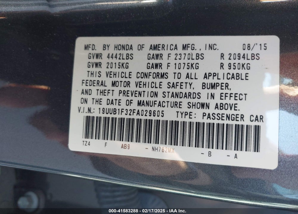 2015 ACURA TLX VIN: 19UUB1F32FA029605