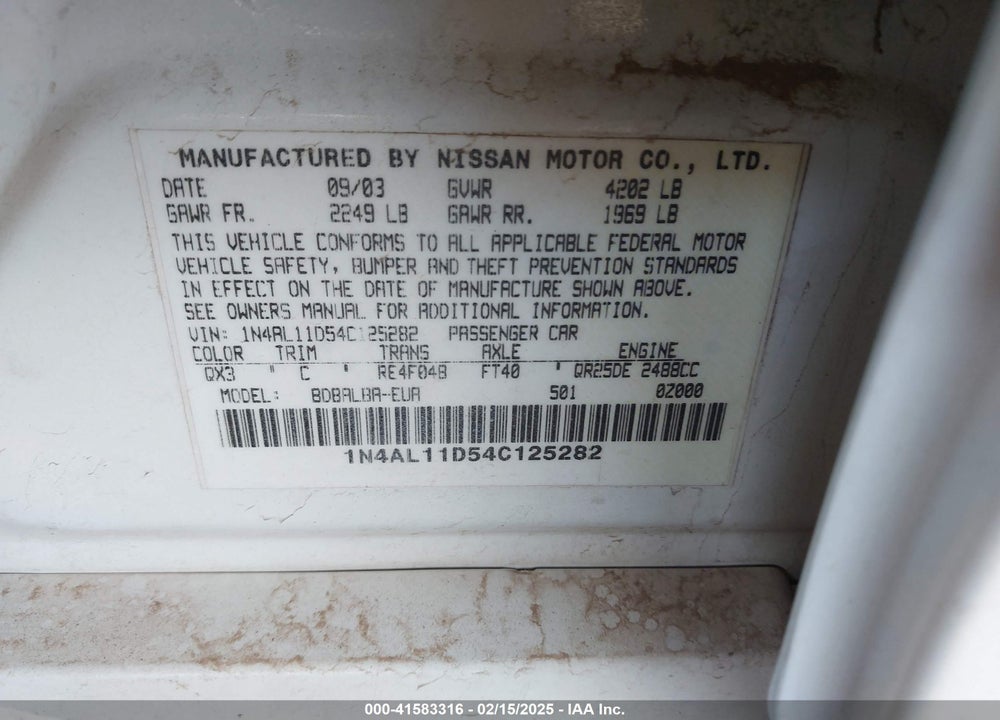 2004 NISSAN ALTIMA 2.5 S VIN: 1N4AL11D54C125282