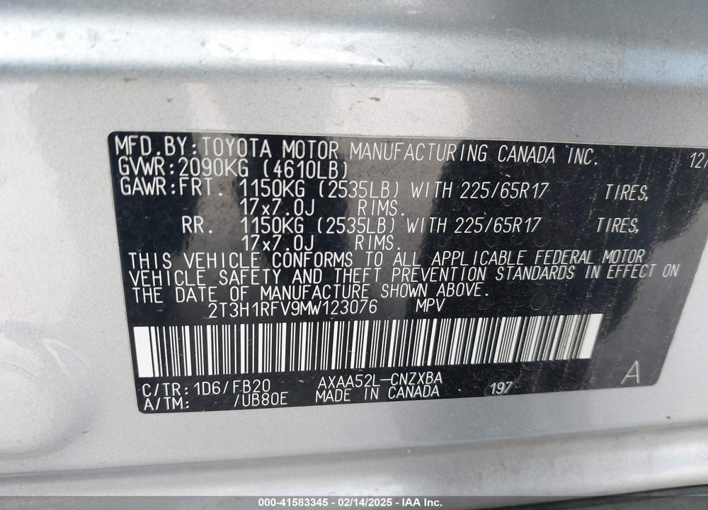 2021 TOYOTA RAV4 LE VIN: 2T3H1RFV9MW123076
