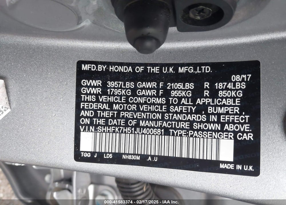 2018 HONDA CIVIC VIN: SHHFK7H51JU400681