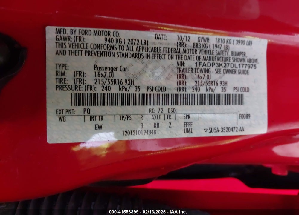 2013 FORD FOCUS VIN: 1FADP3K27DL177975
