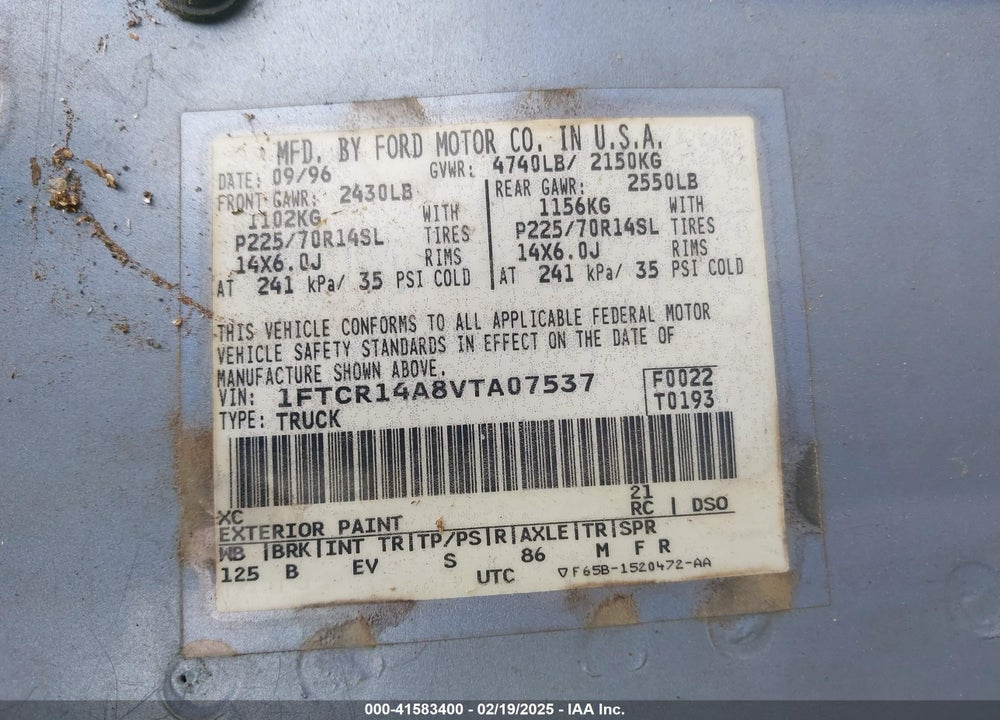 1997 FORD RANGER XL/XLT VIN: 1FTCR14A8VTA07537