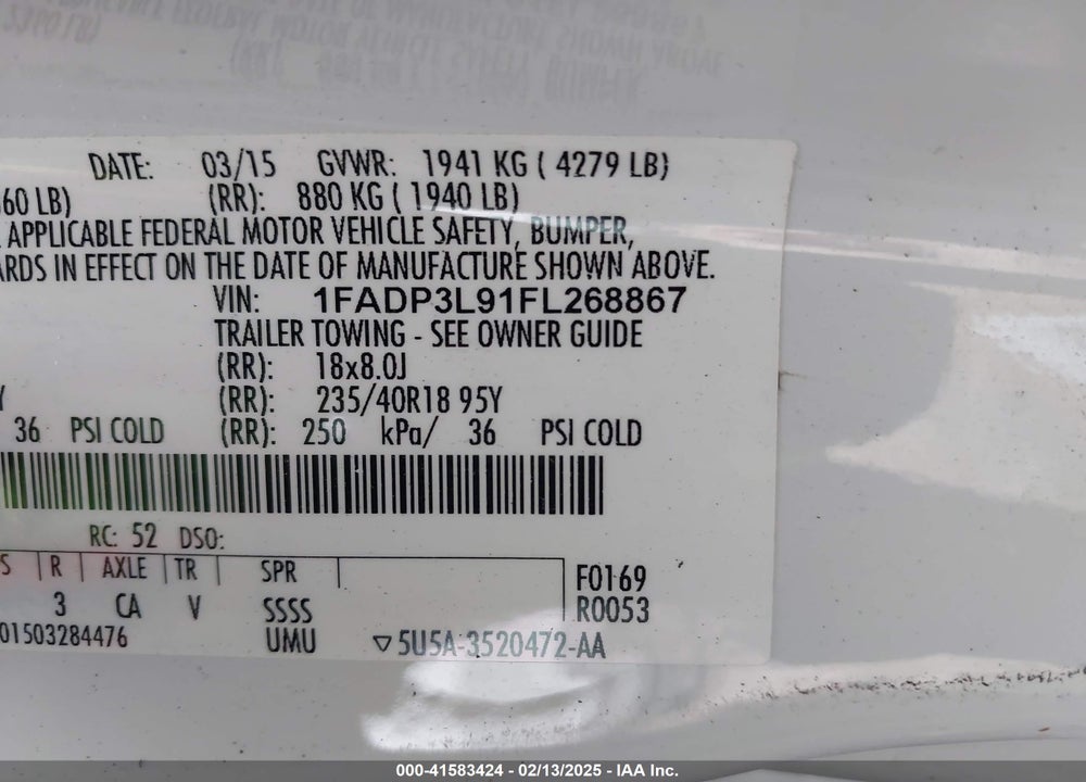 2015 FORD FOCUS ST VIN: 1FADP3L91FL268867
