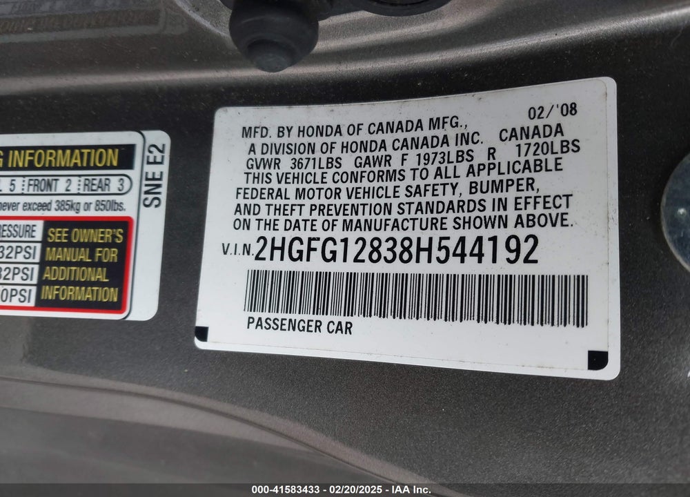 2008 HONDA CIVIC EX VIN: 2HGFG12838H544192