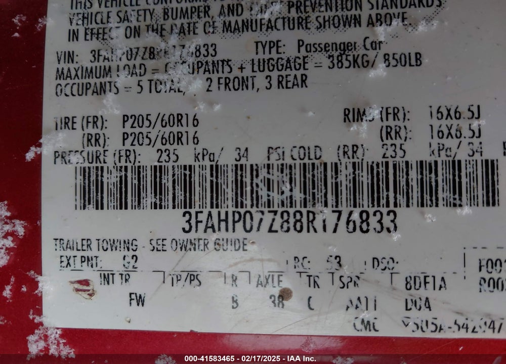 2008 FORD FUSION VIN: 3FAHP07Z88R176833