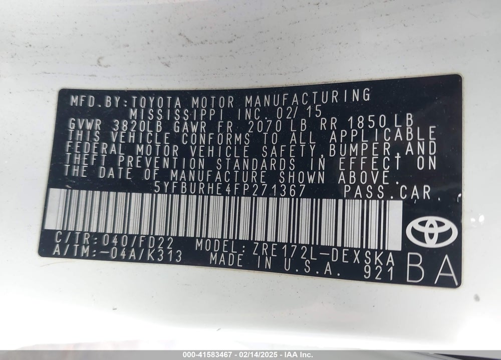 2015 TOYOTA COROLLA VIN: 5YFBURHE4FP271367
