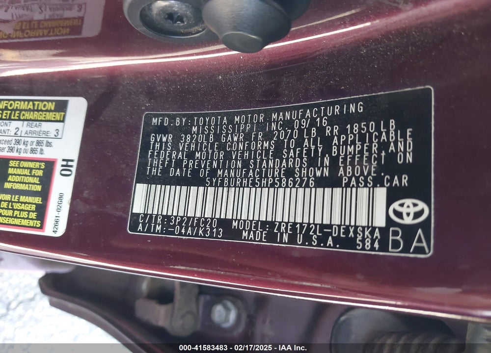 2017 TOYOTA COROLLA VIN: 5YFBURHE5HP586276