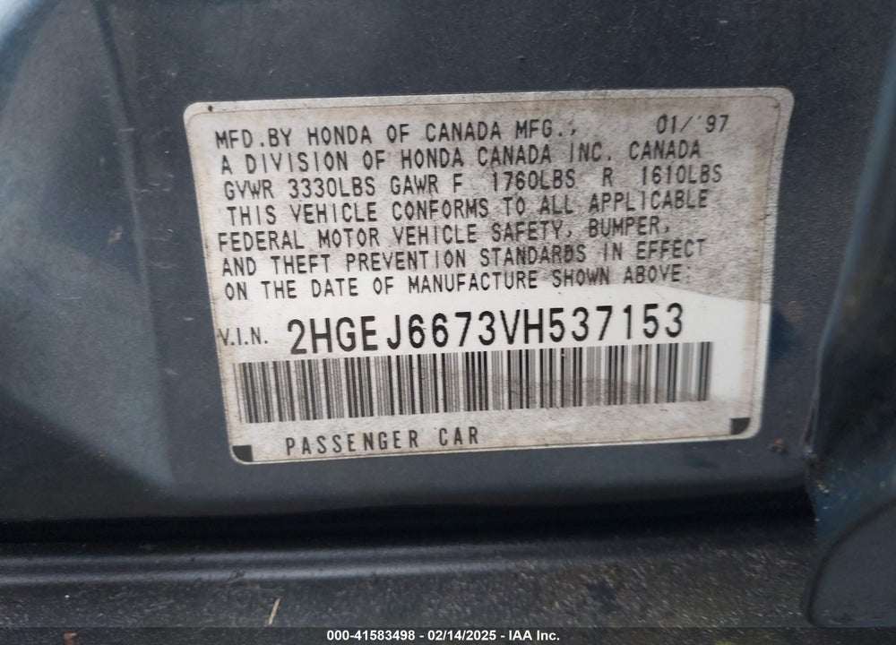 1997 HONDA CIVIC VIN: 2HGEJ6673VH537153