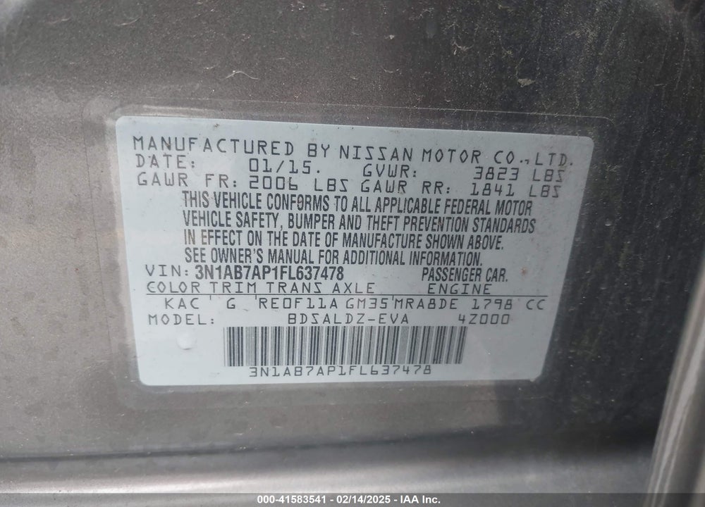 2015 NISSAN SENTRA SV VIN: 3N1AB7AP1FL637478