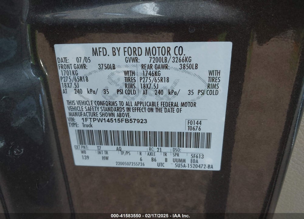 2005 FORD F-150 VIN: 1FTPW14515FB57923