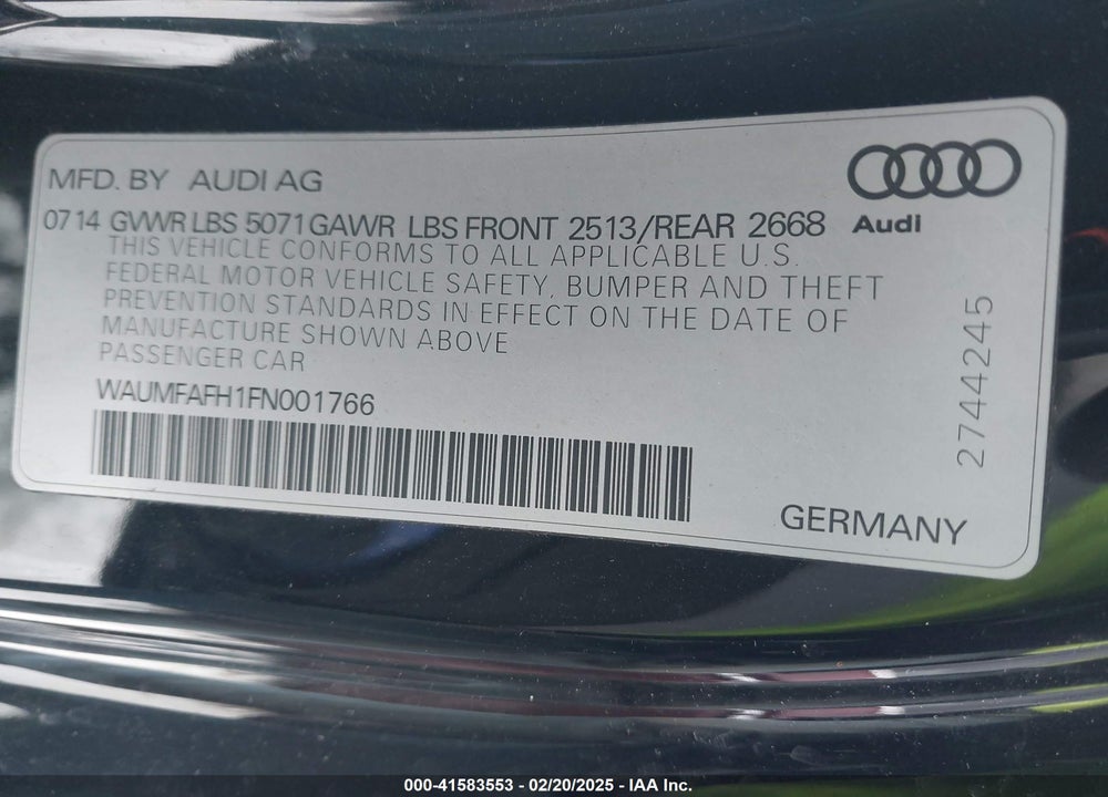 2015 AUDI A5 VIN: WAUMFAFH1FN001766