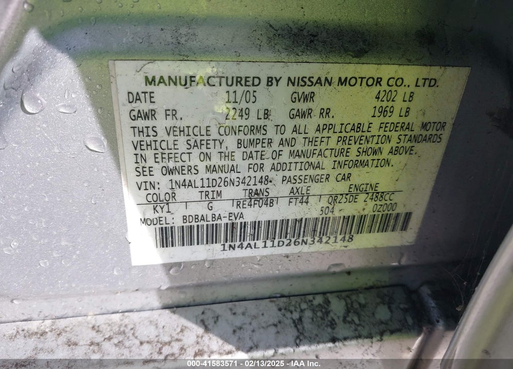 2006 NISSAN ALTIMA 2.5 S VIN: 1N4AL11D26N342148