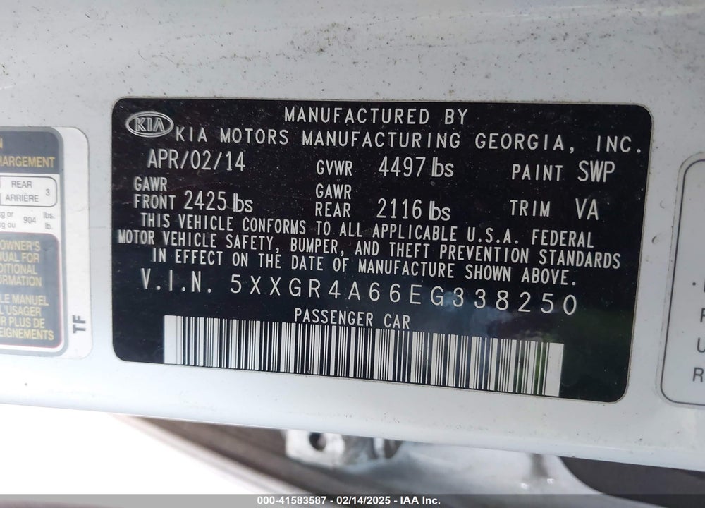 2014 KIA OPTIMA VIN: 5XXGR4A66EG338250