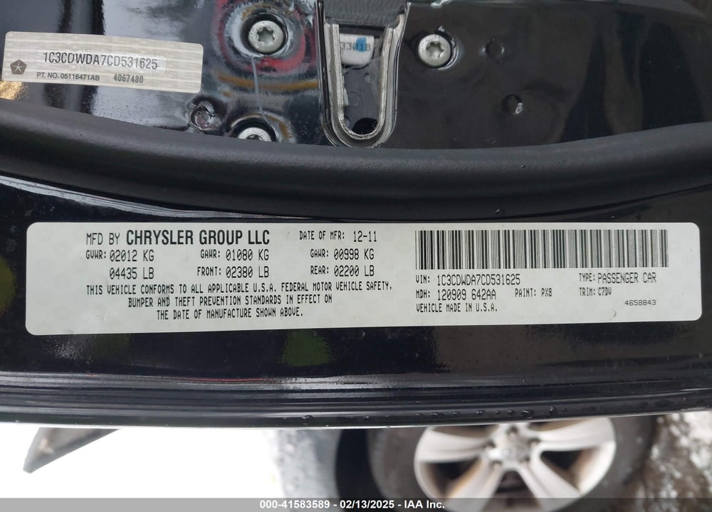 2012 DODGE CALIBER VIN: 1C3CDWDA7CD531625
