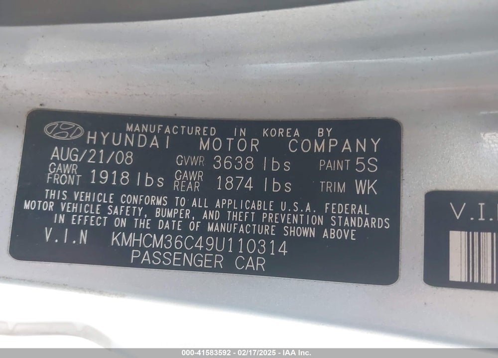 2009 HYUNDAI ACCENT VIN: KMHCM36C49U110314