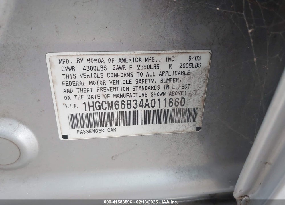 2004 HONDA ACCORD 3.0 EX VIN: 1HGCM66834A011660