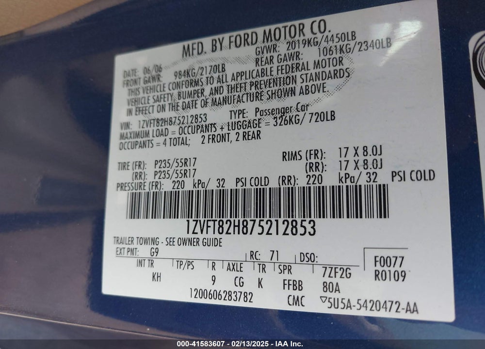2007 FORD MUSTANG VIN: 1ZVFT82H875212853