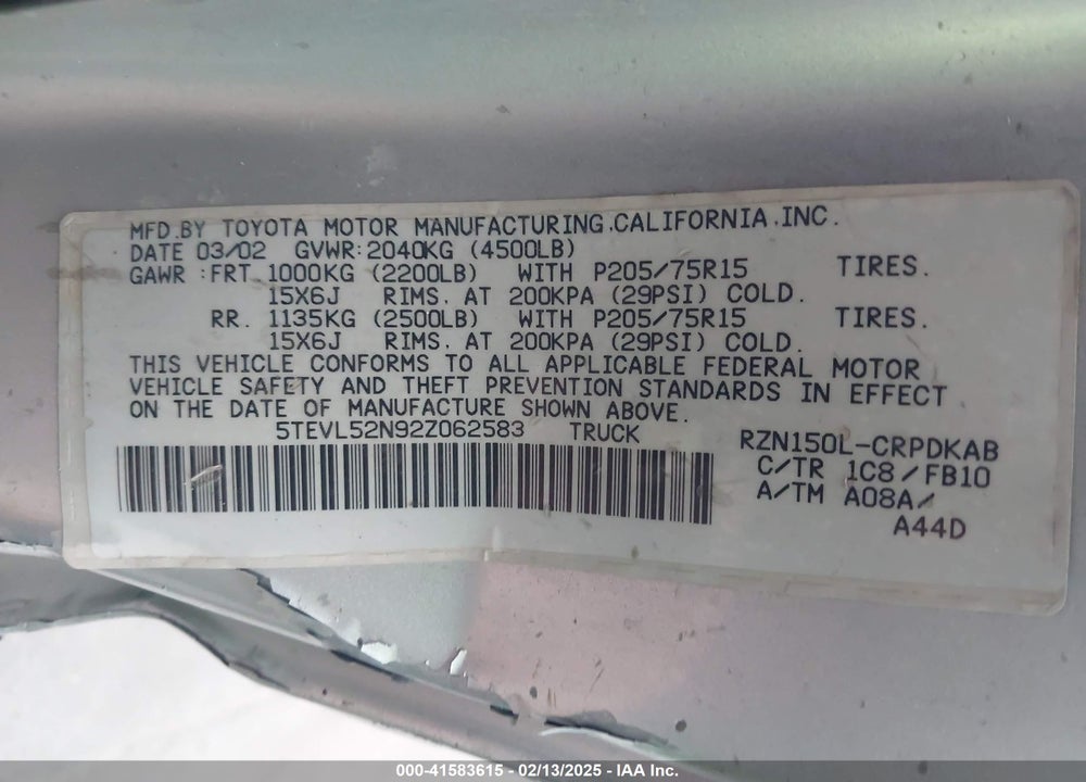 2002 TOYOTA TACOMA VIN: 5TEVL52N92Z062583
