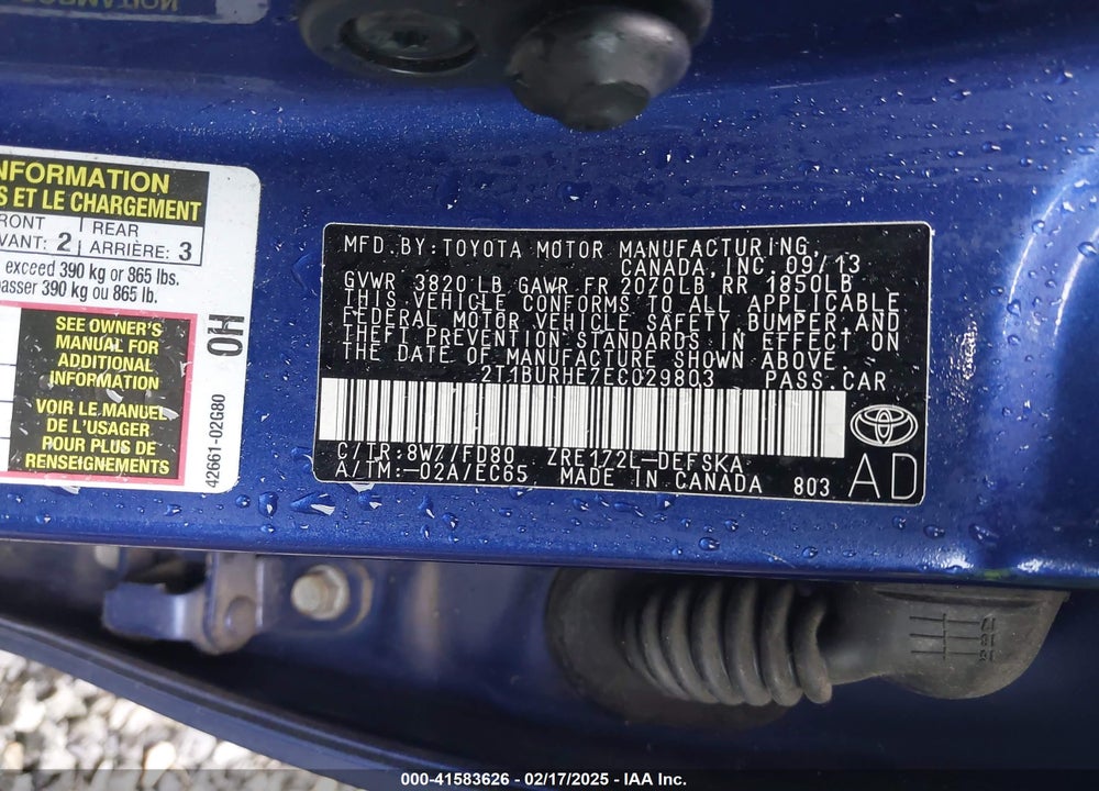 2014 TOYOTA COROLLA VIN: 2T1BURHE7EC029803
