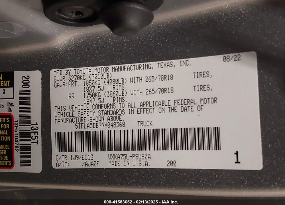 2022 TOYOTA TUNDRA CREWMAX SR/CREWMAX SR5 VIN: 5TFLA5DB7NX048368