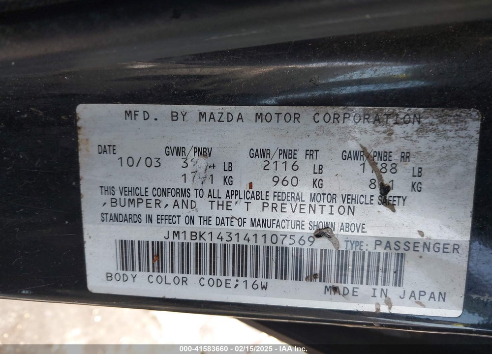 2004 MAZDA 3 S VIN: JM1BK143141107569