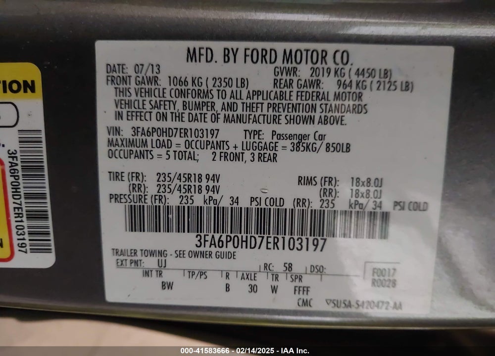 2014 FORD FUSION VIN: 3FA6P0HD7ER103197