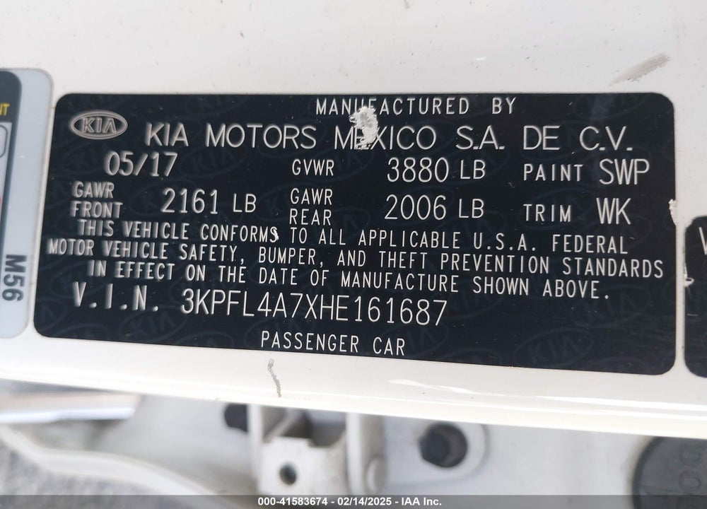 2017 KIA FORTE VIN: 3KPFL4A7XHE161687