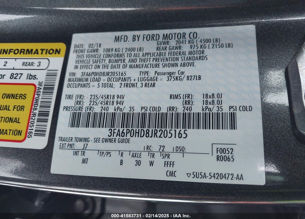 2018 FORD FUSION VIN: 3FA6P0HD8JR205165