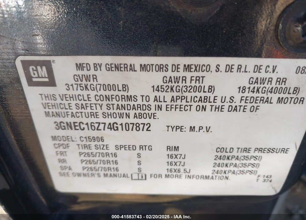 2004 CHEVROLET SUBURBAN 1500 LS VIN: 3GNEC16Z74G107872
