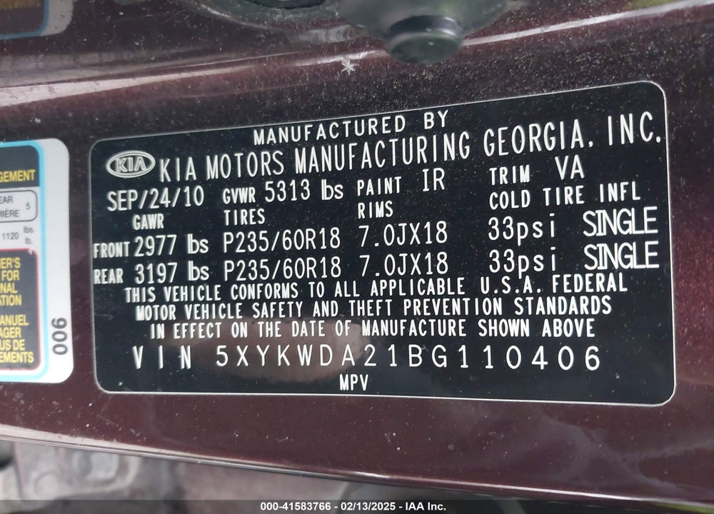 2011 KIA SORENTO SX V6 VIN: 5XYKWDA21BG110406